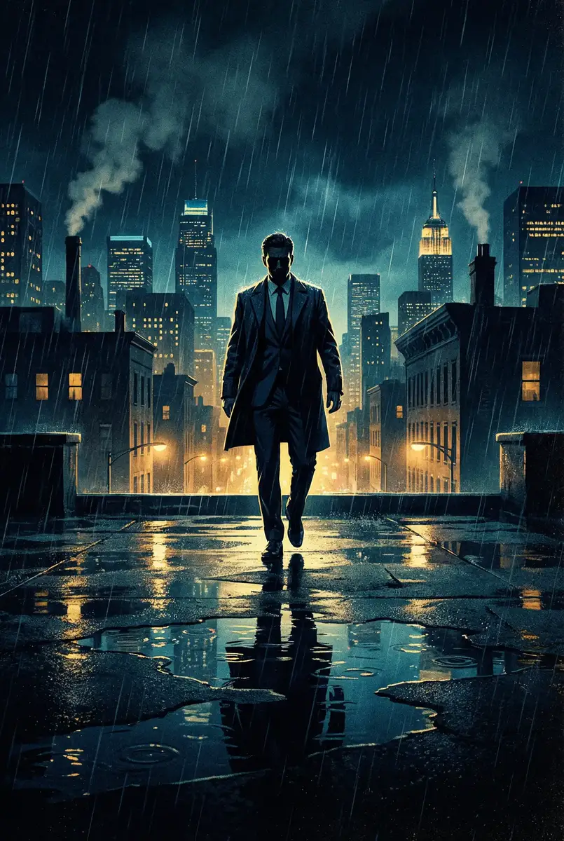 猛鬼街4 出品影片《雨夜独行者》海报，雨中城市屋顶男性剪影